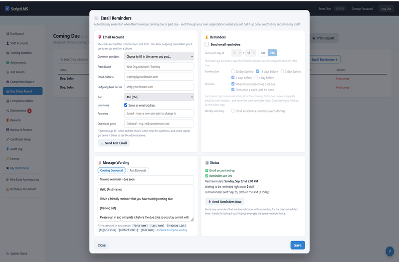 ScriptLMS Email Reminders settings for automatic training due-date reminder emails
